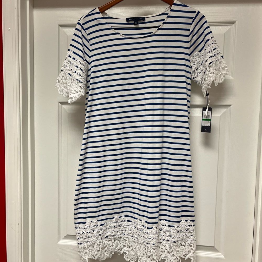 Tommy Hilfiger Royal Blue & White Striped Lace Trim Sheath Dress sz L NWT